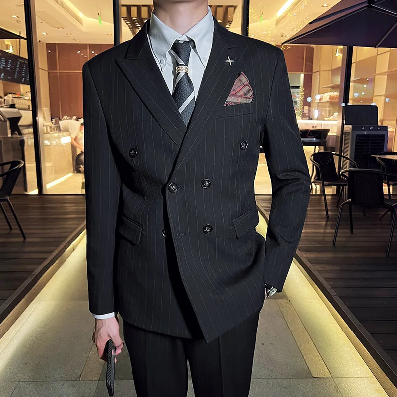 2024 Men's Double-breasted Stripes (suit + Vest + Trousers) Fashion Business Casual Handsome Three-piece Groomsman Set M-5XL