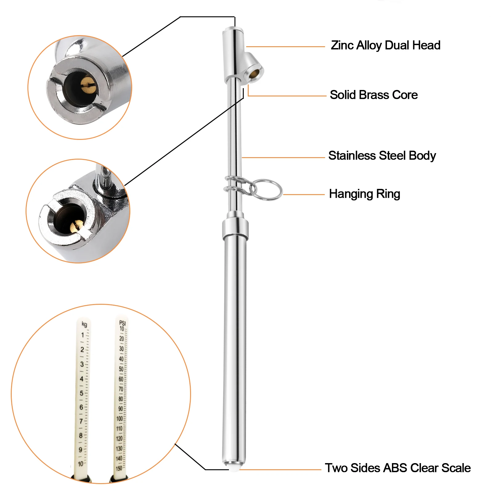 ATsafepro 트럭 타이어 압력 게이지 2 PCS 헤비 듀티 펜 타이어 미터 범위 10-150PSI 1-10kg/cm2 듀얼 헤드 공기 압력 게이지