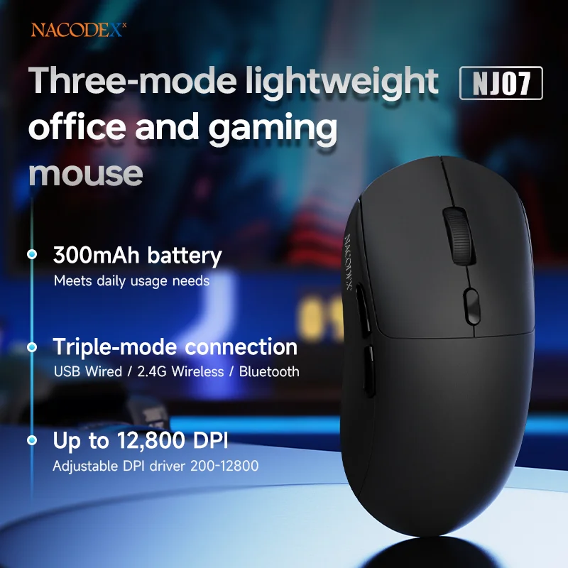 AJAZZ NJ07 Ausgewogene Arbeits- und Gaming-Maus (kabelgebunden/2,4G/Bluetooth) 300mAh Akku |   Leichtes Design (67g) |   1000Hz Bildwiederholrate