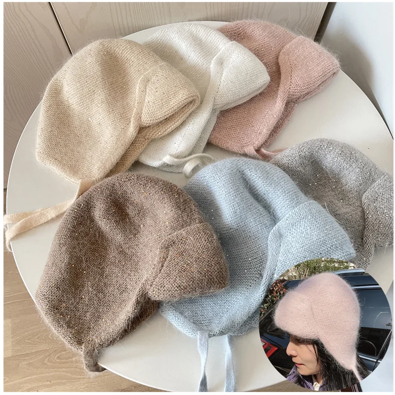 

2022 Angora Rabbit Fur Ear Guards Hat for Women Winter Skullies Warm Wool Panama Fashion Gorros Female Bomber Bonnet Rabbit Hat