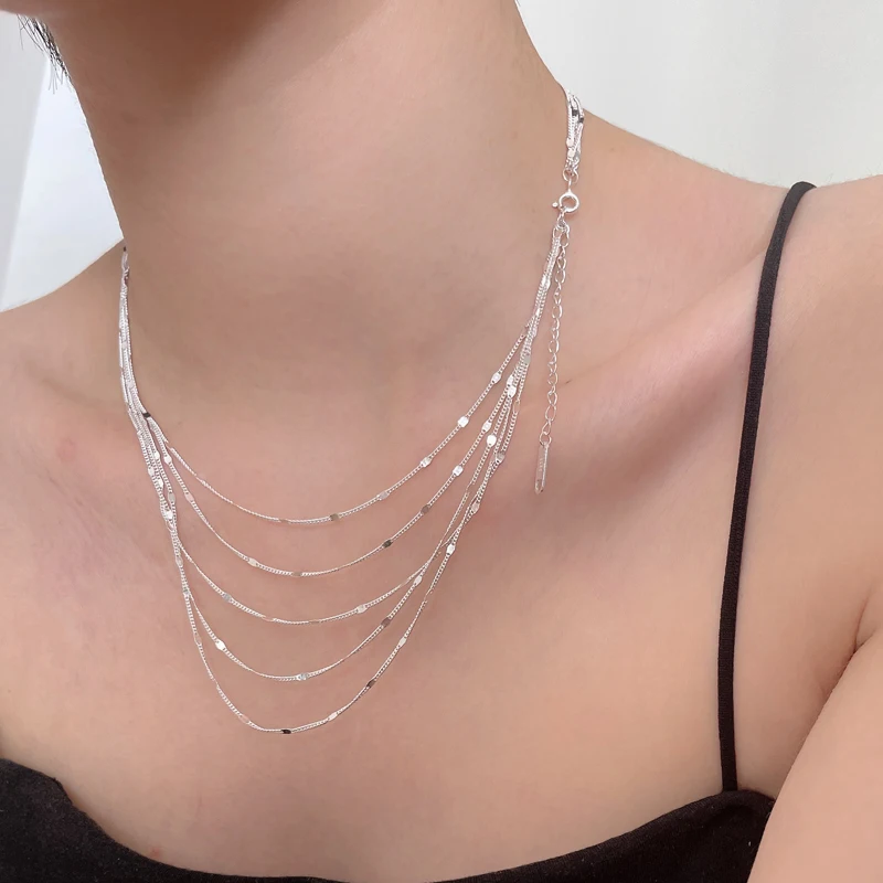 

New S925 Sterling Silver Women's Jewelry Collar European Simple Silver Fashion Multi Layers Bar Necklace Clavicle Chains Gifts