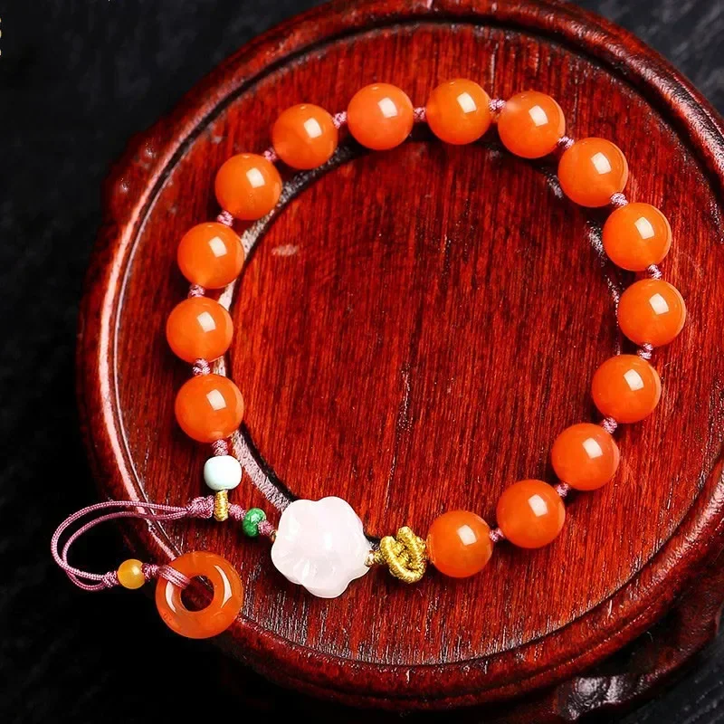 

South Red Agate Bead Single Circle Bracelet Jewelry Women's White Jade Flower Bread Buckle High-end Jewelry The Year of Birth