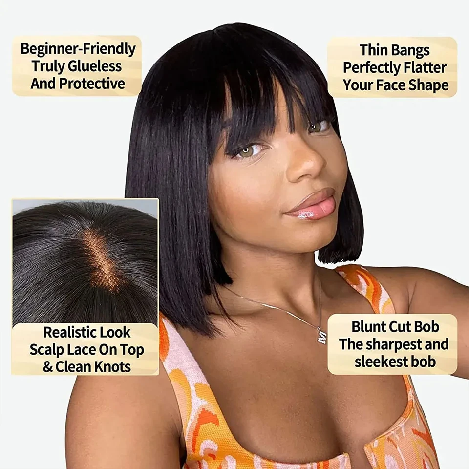 180D Straight Human Hair Bob Wig With Bangs Realistic Look Fake Lace Scalp Glueless Wigs Brazilian Human Virgin Hair Wigs