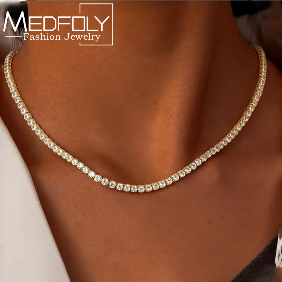 MEDFOLY Dainty Tennis Necklaces for Women Adjustable 14K Gold Plated Thin CZ Faux Diamond Tennis Choker Necklace Jewelry Gift