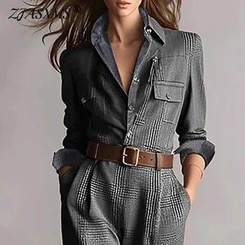Vintage Plaid Print High Waist Jumpsuits Woman Elegant Shirt Collar Button Slim Bodysuit Fall Long Sleeve Pocket Romper Overalls