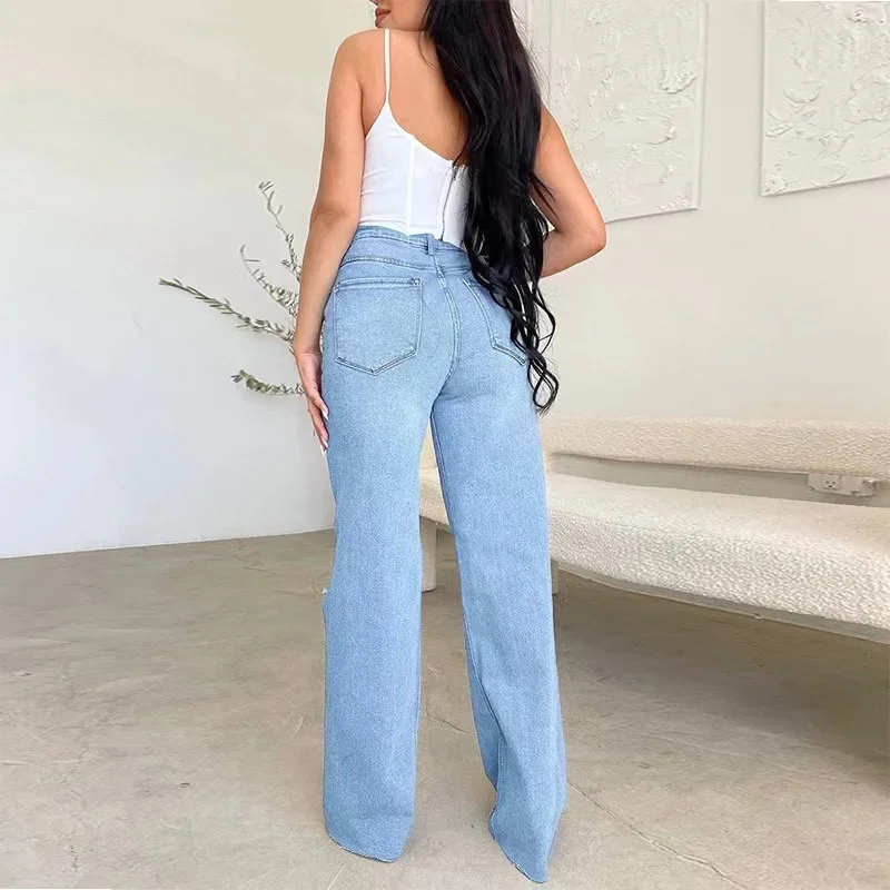 women's denim jeans high waist ripped wide leg