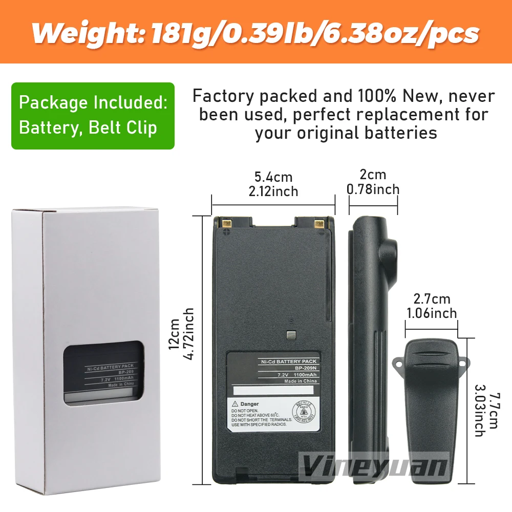 BP-209N 1100mAh Replacement NI-CD Battery for ICOM IC-V8,IC-V82,IC-U82,IC-A6,IC-F30GT,IC-F11,IC-F21,IC-F22,BP-210 Two Way Radio