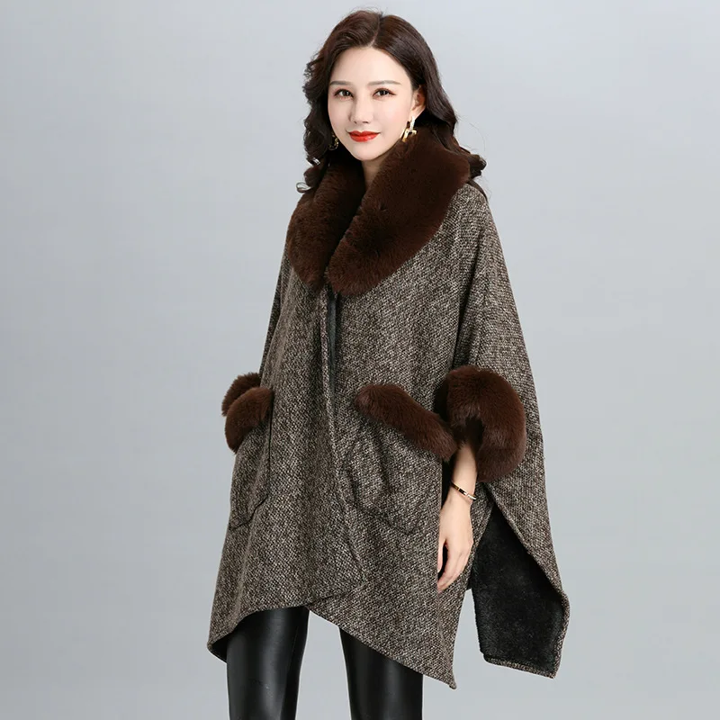 6 Colors Winter Warm Poncho Cloak Turn-down Faux Rabbit Fur Neck Loose Overcoat  Batwing Sleeves Oversize Jacket With Pocket