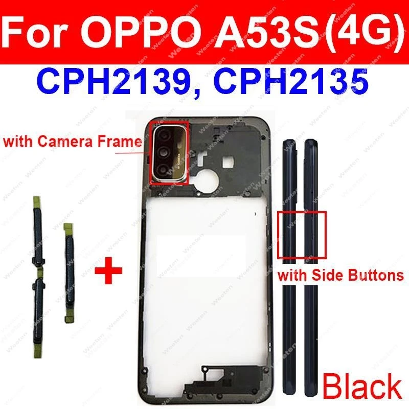 OPPO A53S A53 4G A53 5G 중간 프레임 하우징 커버 후면 배터리 도어 하우징 베젤 부품 (카메라 렌즈 프레임 포함/제외)