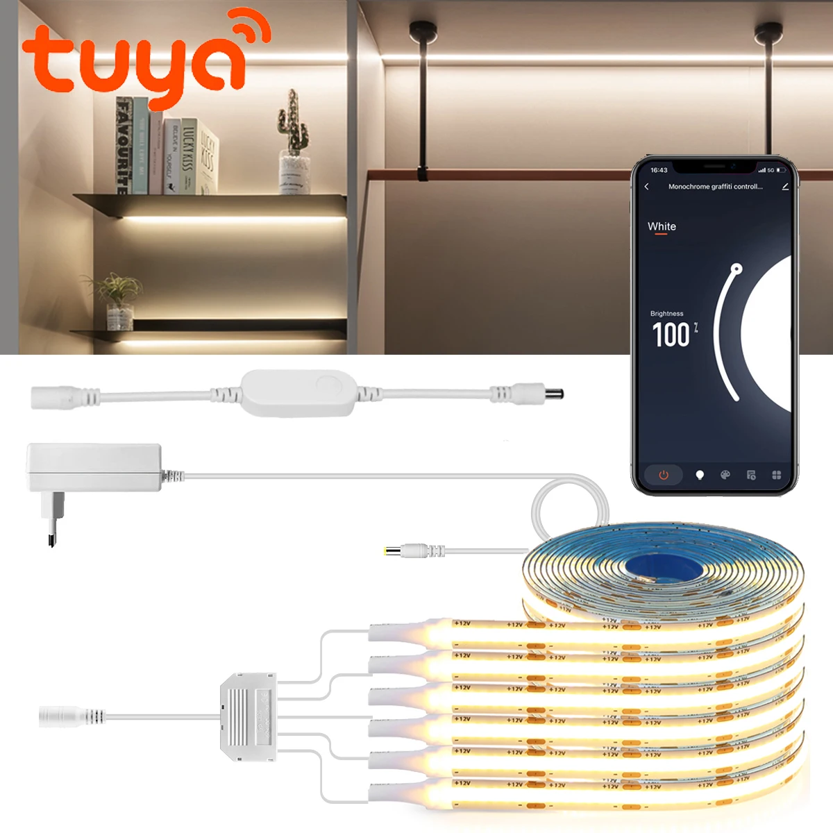 LED Cabinet Light WIFI APP Dimmable COB Strip Kitchen Shelf Pantry Showcase Bedroom Closet Backlight by Tuya Smart Switch