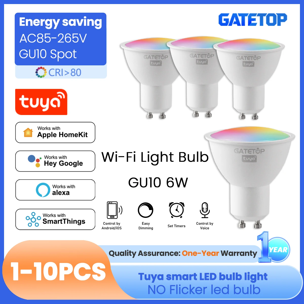 รูปสินค้า หลอดไฟ LED สมาร์ท GU10 ควบคุมผ่านแอป ปรับความสว่างได้ 1-100%