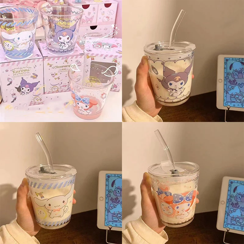 

Sanrio My Melody Cinnamoroll Glass 300Ml Household Use Child Water Cup Cartoon Kuromi with Lid Milk Coffee Sippy Cup Girl Gift