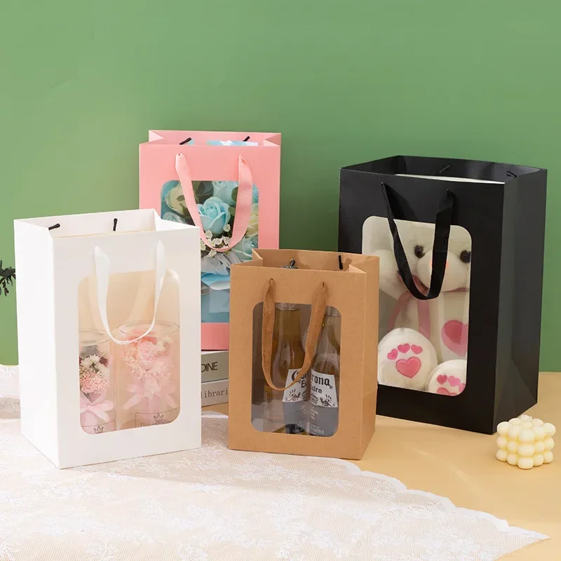 12 Sacchetti Regalo In Carta Kraft Nera Con Finestra Trasparente E Manici In Tessuto – 25x17.8x13 Cm – Perfetti Per Feste, Compleanni E Shopping