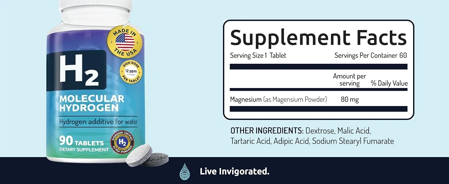 Hydrogen Tablets – Vegan, Gluten/Soy-Free, Made in USA with No Preservatives or Additives