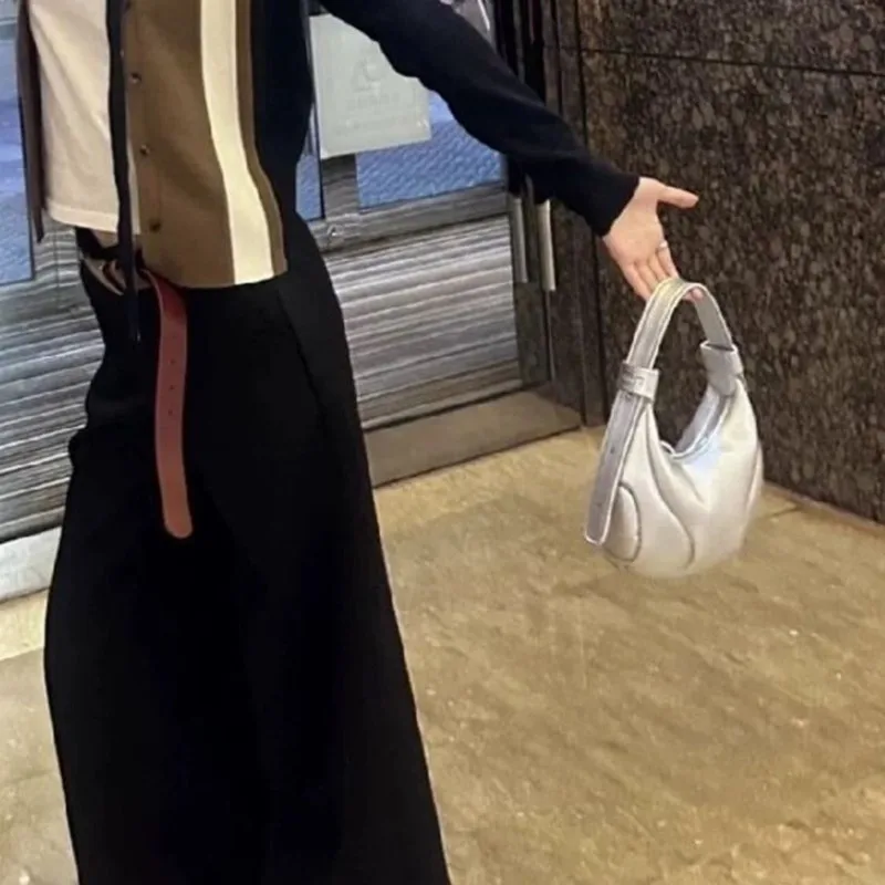 Retro Silver Zipper Tote Bag Women Stitching Leather Large Capacity Shoulder Bag Ladies Hot Girl Fashion Trendy Y2k Underarm Bag