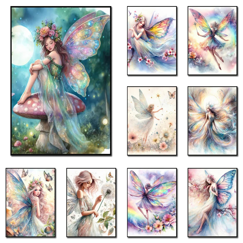 

Beauty Flower Elf With Butterfly Wings Posters And Prints Canvas Art Fairy Tale Cartoon Wall Decor Painting For Living Room