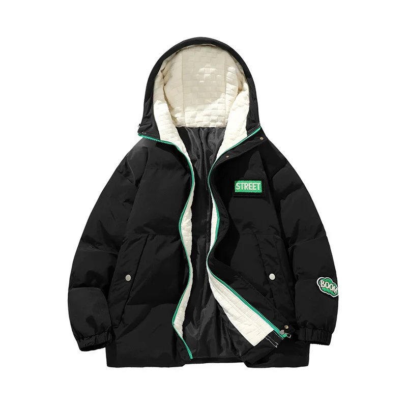 Thickened hooded cotton jacket Men's trend Fashion Velcro Fashion label Cotton jacket Men's warm upper clothing jacket