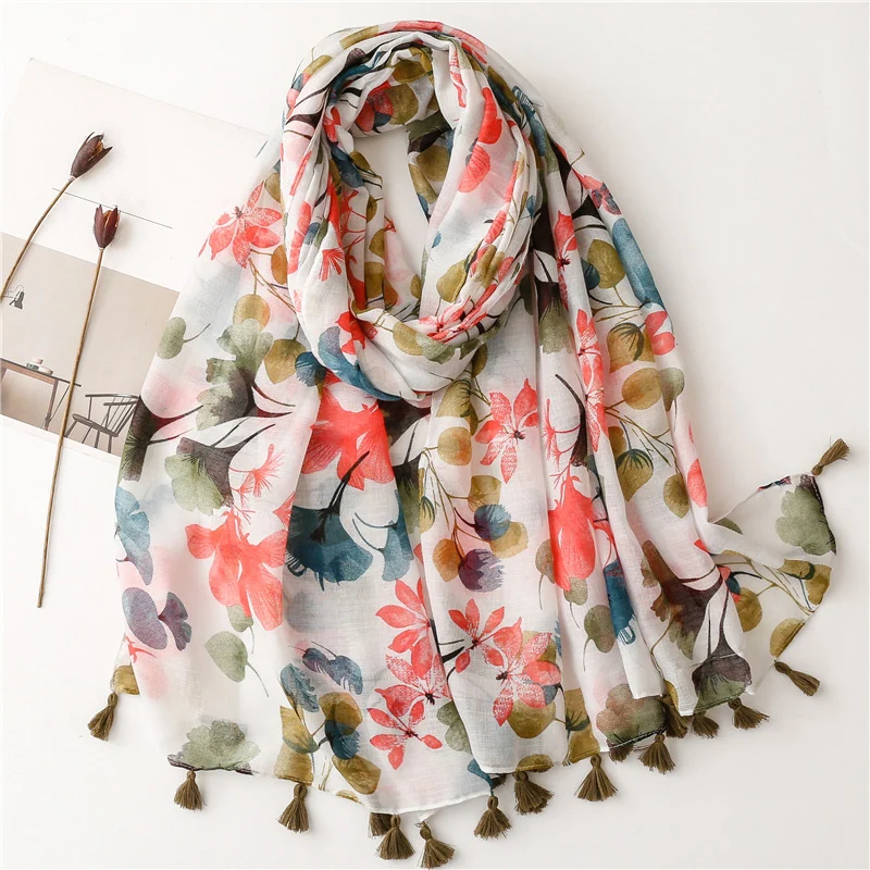 

Korean literary small fresh cotton and hemp scarf retro splicing Bohemian cashew nut printed silk scarf beautiful cape