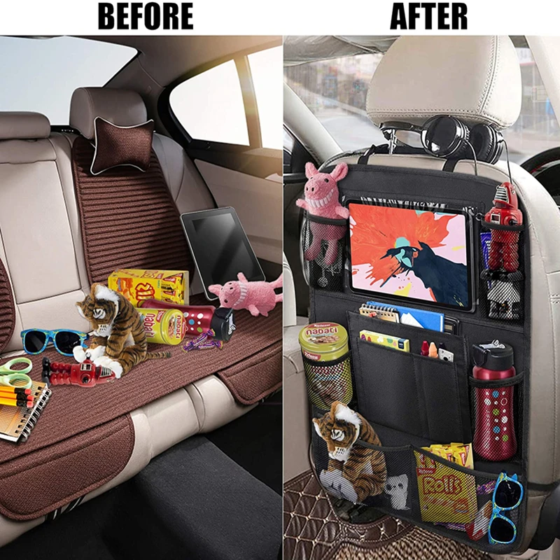 Car Backseat Organizer with Table Holder 9 Storage Pockets Seat Back Protectors Kick Mats for Kids Toddlers Travel Accessories