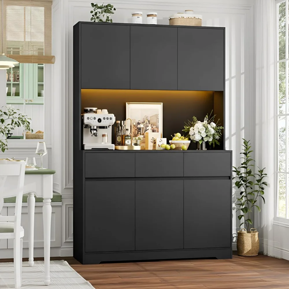 Large Kitchen Pantry Cabinet with Power Outlets, LED Lights, and Microwave Stand, Black Tall Storage Hutch