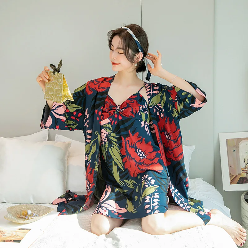 

New Cotton Silk Pajama Sets Sexy Women Nightwear Sleepwear Robe-dresses Set Woman 2 Pieces V-neck Suspenders Elegant Nightdress