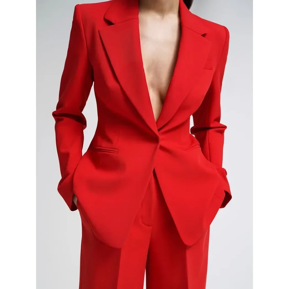 Women Suits 2 Piece Chic Notch Lapel One Button Solid Slim Wear Elegant Smart Casual Daily Formal Office Lady Pants Sets