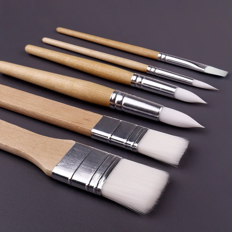 6 Pcs Nylon Wood Handle Paint Brushes Set Round Acrylic Oil Watercolor  Brushes Professional Painting Brush for Ink Rock Painting