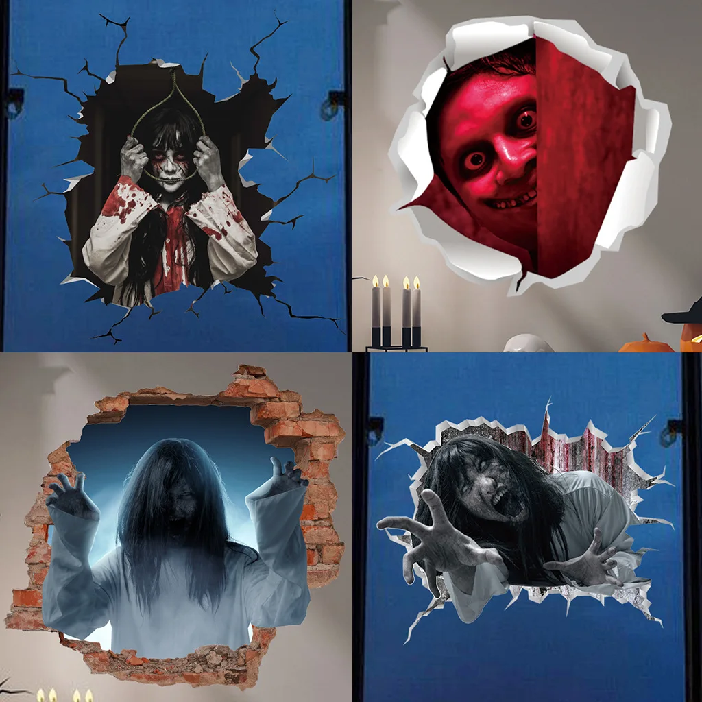 

C22# Broken Wall Devil Woman Halloween Wall Sticker Bathroom Toilet Decor Living Room Cabinet Refrigerator Home Decals