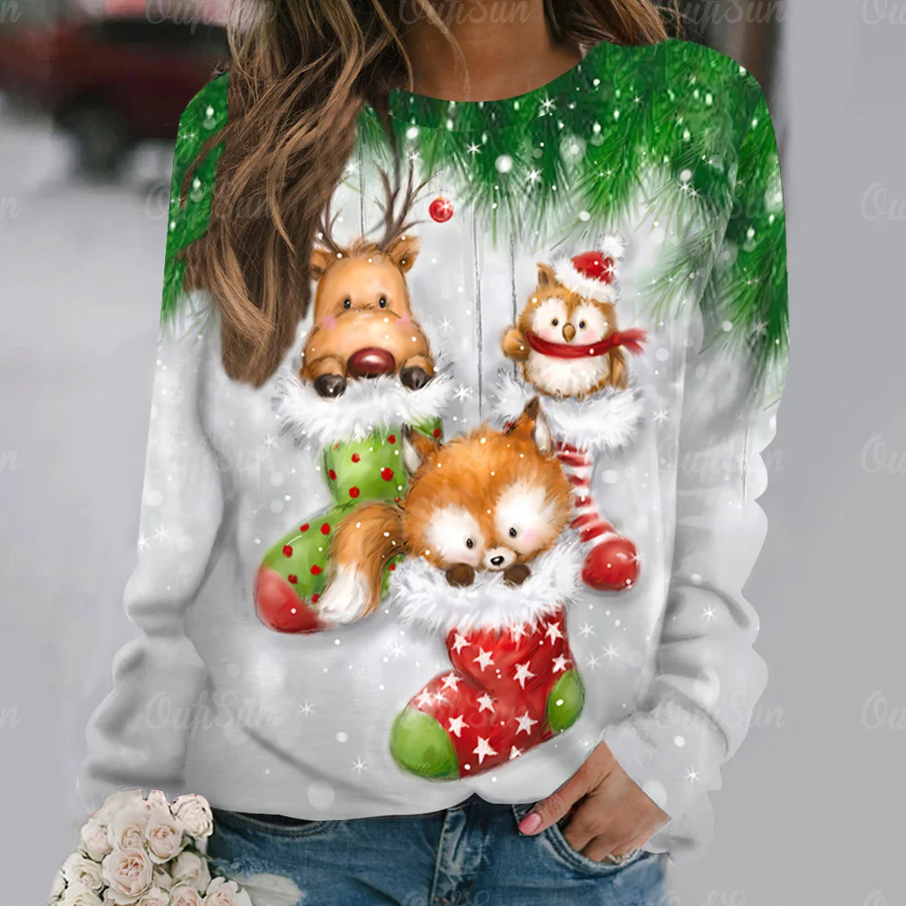 

Cartoon Owl Pattern Cotton T-Shirt For Women Christmas Style Long Sleeve Tops Autumn O Neck Oversized Pullover Harajuku Sweater