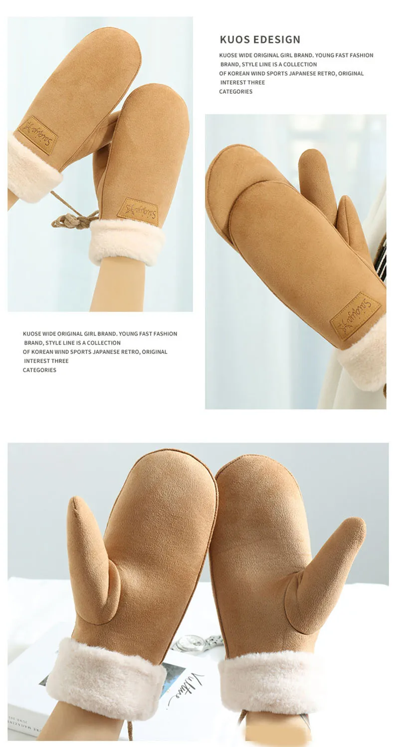 Suede Mittens Women Winter Keep Warm Thickened Hanging Rope Gloves Cute Lovely Sweety Windproof Outdoor Drive Cycling