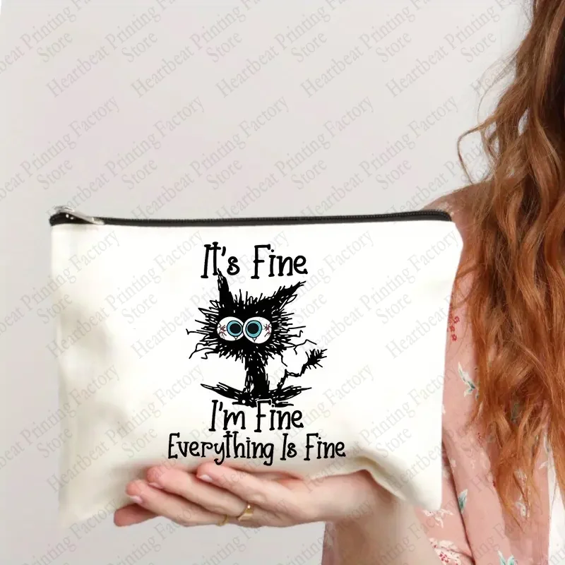 Im Fine Everything Is Fine Pattern Cosmetic Bag Funny Cat Toiletry Bag Portable Travel Storage Perfect Gift for Cat Lovers storage bag,makeup organizer,cosmetic bag,cosmetic storage bag,toiletry bag,makeup bag,cosmetic case,product storage bag