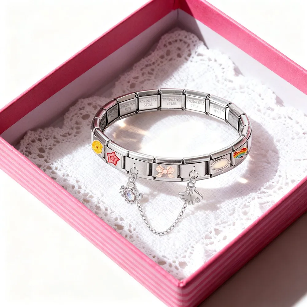 URING Silberfarbene Charm-Anhängerkette, Teufelsauge, Liebesherz, italienisches Glied, passend für 9 mm Edelstahl-Armbänder, DIY-Schmuckherstellung – Detail 5