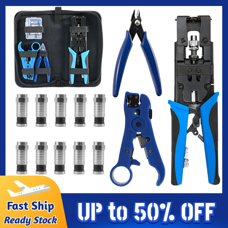 

Compression Connector Crimper Kit Adjustable Coaxial Cable Crimping Tool for RG59 RG6 F BNC RCA with 10PCS Plugs
