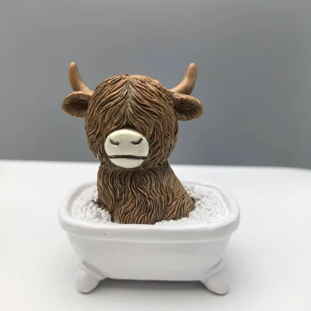 Home Decor Resin Highland Cow Statue Decorative Cute Cow Mini Figurine Realistic Animal Sculpture Ornament Micro Landscape Model