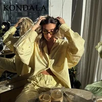 KONDALA 2026 Spring Summer Casual Butter Yellow Striped Women Suit Fashion Vintage Turn Down Collar Loose Shirt Drawstring Pant