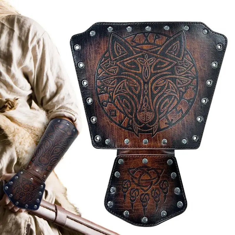 HiiFeuer Viking Fenrir Gauntlet, Medieval Faux Leather Arm Armor Knight Bracer, LARP Halloween Costume(Black