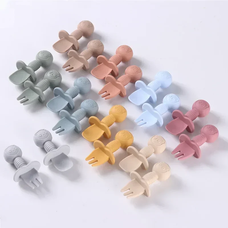 2pcs Food Grade Children Wooden Handle Silicone Spoon Fork Cutlery Baby Training Complementary Food Spoon BabyFeeding Spoon Fork 2
