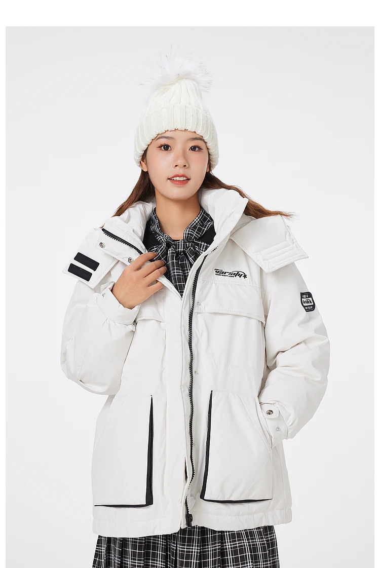 Metersbonwe Women's Jacket Puffer 90 White Duck Down Waist Drawstring Cargo Jackets Hooded Thickened Sporty Warm Wear Winter