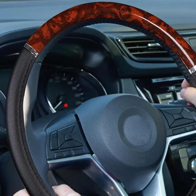 Coprivolante per auto Coprivolante elastico antiscivolo Coprivolante universale con venature del legno da 38 cm Accessori per auto - immagine 2