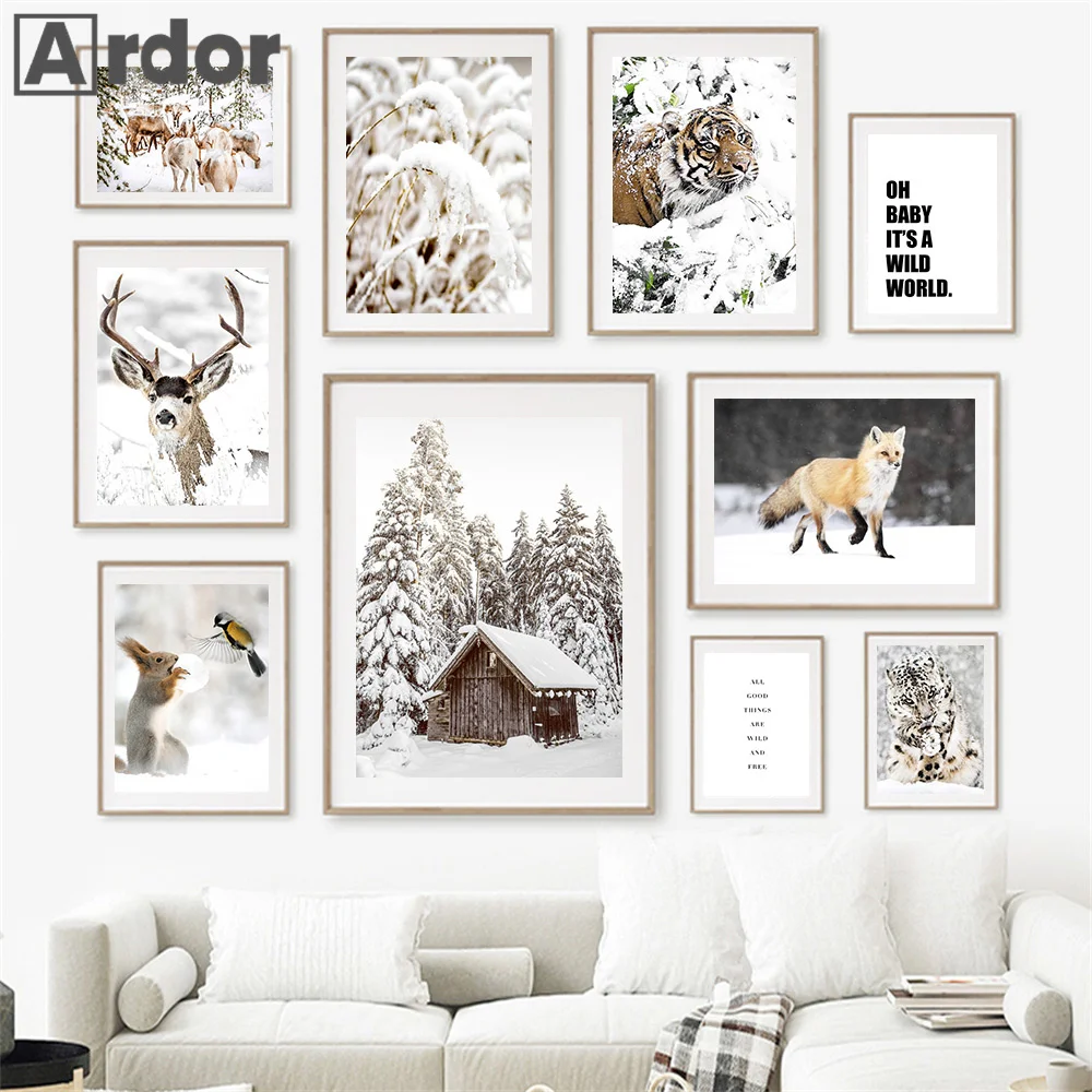 

Winter Landscape Snow Canvas Painting Forest Reed House Poster Elk Squirrel Tiger Wall Art Print Pictures Living Room Home Decor