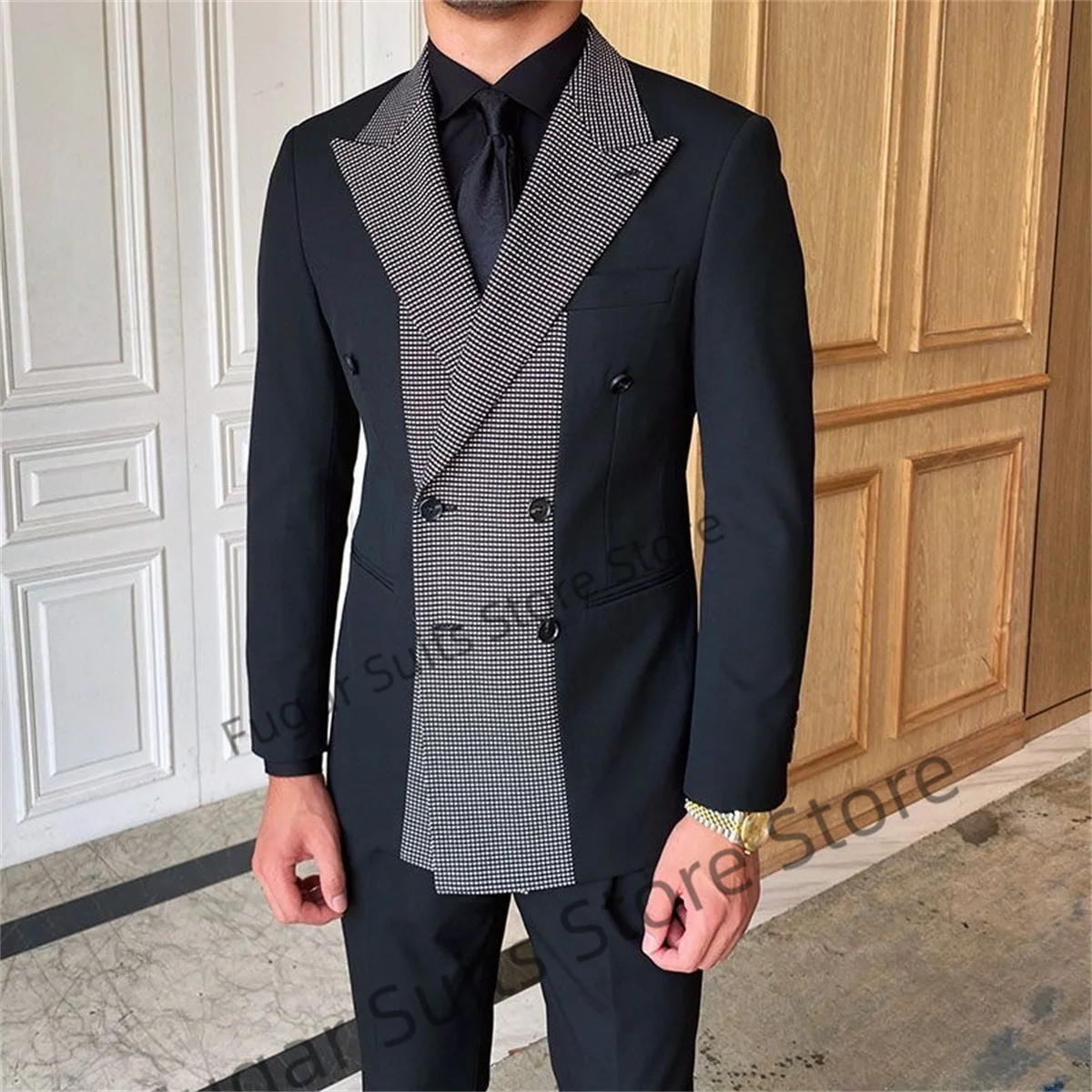 Business Navy Blue Wedding Men Suits Double-breasted Peak Lapel Groom Formal Tuxedos 2 Pieces Sets Trajes Elegante Para Hombres