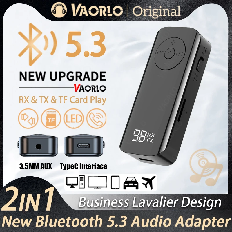 Bluetooth 5.3 Audio Transmitter Receiver 3.5MM AUX Support TF Card With Mic Collar-Clip Wireless Adapter for Car Airplane TV PC