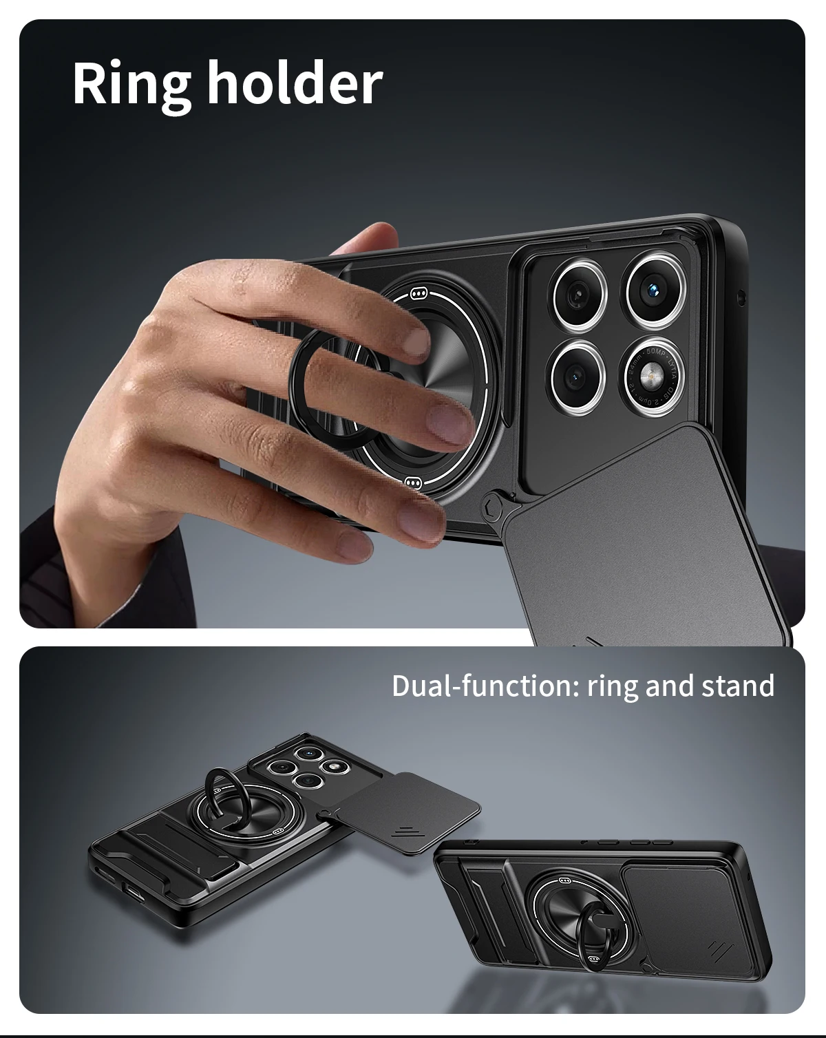 Magnetic Rotating Ring Holder Phone Case with Lens Slide Cover