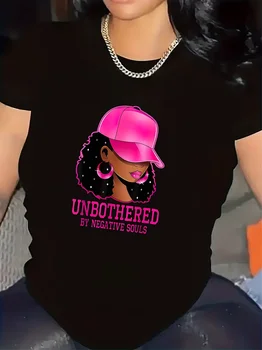 T-Shirt for Women, Unbothered Graphic Design for Casual Wear in Living Room Comfortable Fabric, Stylish Pink Cap Illustration, 1
