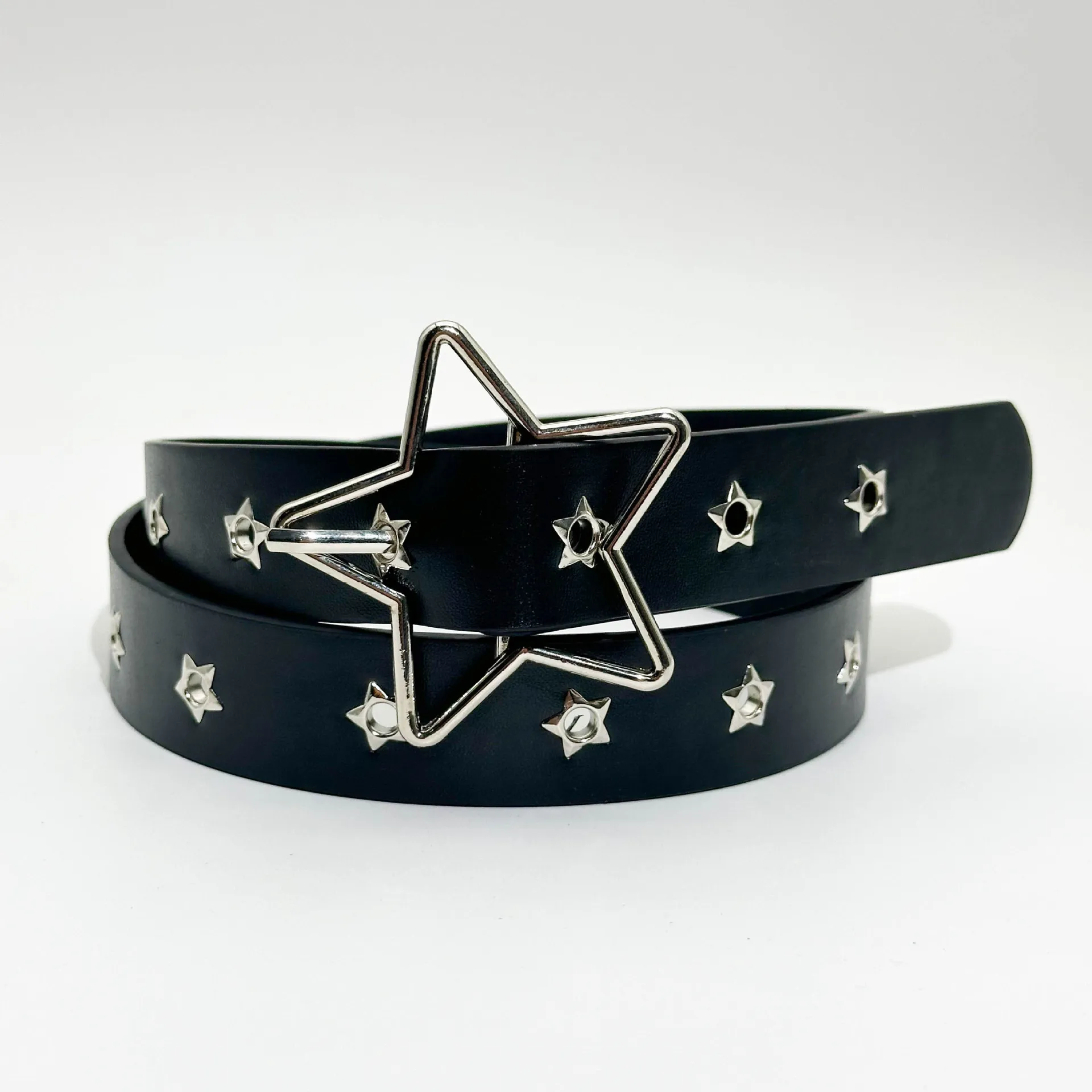Y2K Punk Star Eyelet Black Rivet Belt, Gothic PU-Leder-Taillengürtel, verstellbares Streetwear-Accessoire für Studenten, für den täglichen Party-Gebrauch – Detail 6