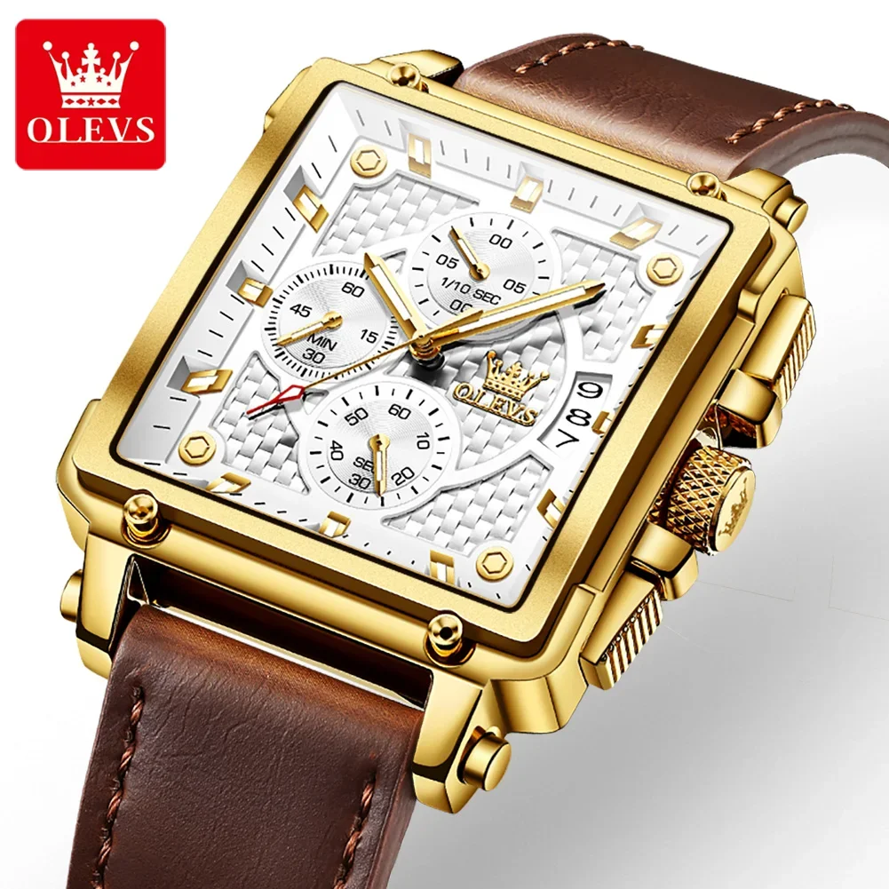 OLEVS 9925 Quartz Watch for Men Original Rectangle Design Mens Watches Leather Waterproof Calendar Top Brand Wristwatch Gifts