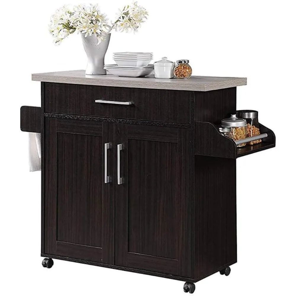 Kitchen Island with Spice Rack Towel Rack & Drawer Chocolate with Grey Top