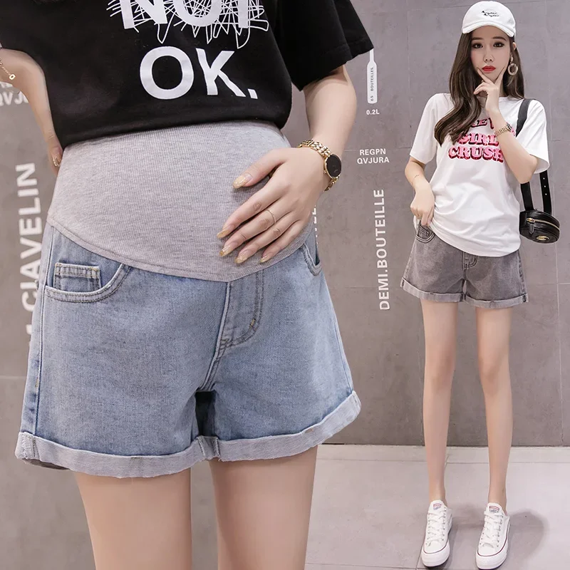 Léto móda šortky těhotná ženy džínové  kadeření děr  kalhot připoutat se břišního   oblečení těhotenské