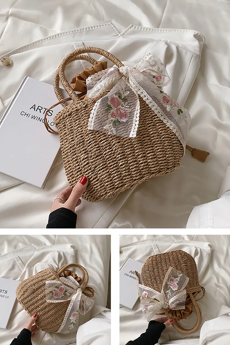 Einfaches Design Stroh Handtaschen für Frauen handgemachte böhmische Stil Strand tasche Sommer Mode Pack Eimer Tasche Geldbörse Taschen – Detail 19