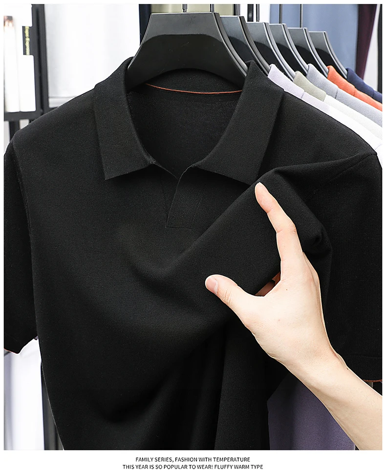 100% Lyocell Knitwear 2025 Men Spring Summer Trendy Turn Down Collar Knit Tees Short Sleeve Breathable Knit Tops